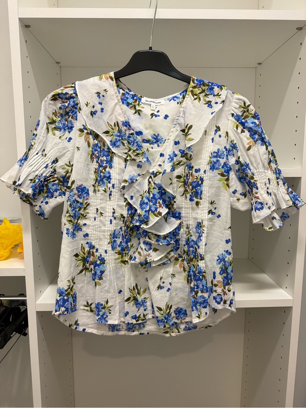Heartloom White Blouse with Blue Floral Ruffle